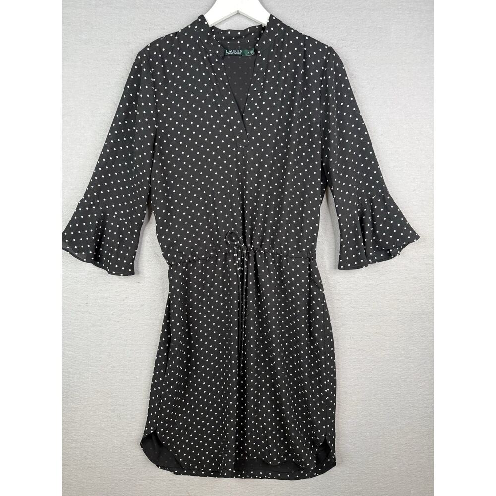 Ralph‎ Lauren Polka Dot Dress Womens Size 8 Black Bell Sleeve Blouson Tie Waist